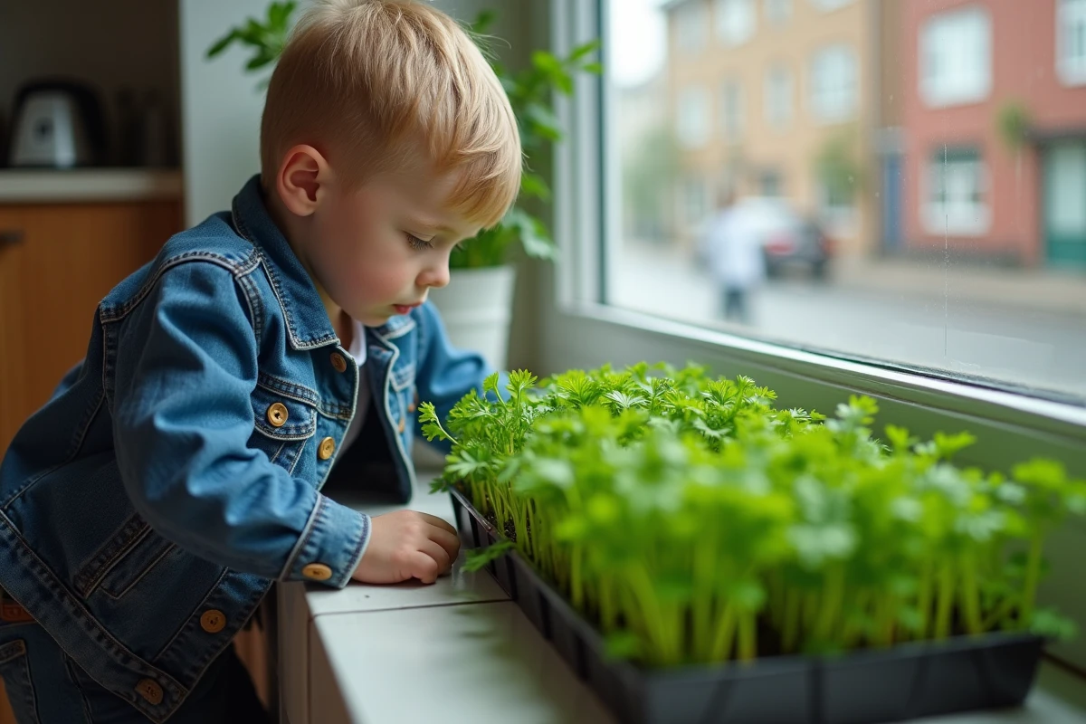 Jeune garçon inspectant un tray de persil en intérieur