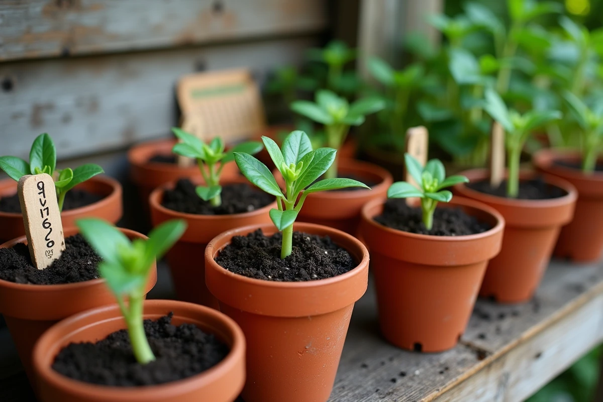 Pots de haricots verts à différents stades de germination sur une table de jardin