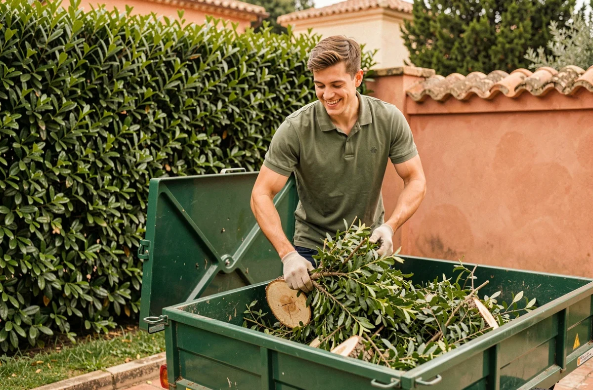 Tom Gimenez, jeune paysagiste, chargeant des déchets verts dans une remorque après entretien d'une haie à Perpignan