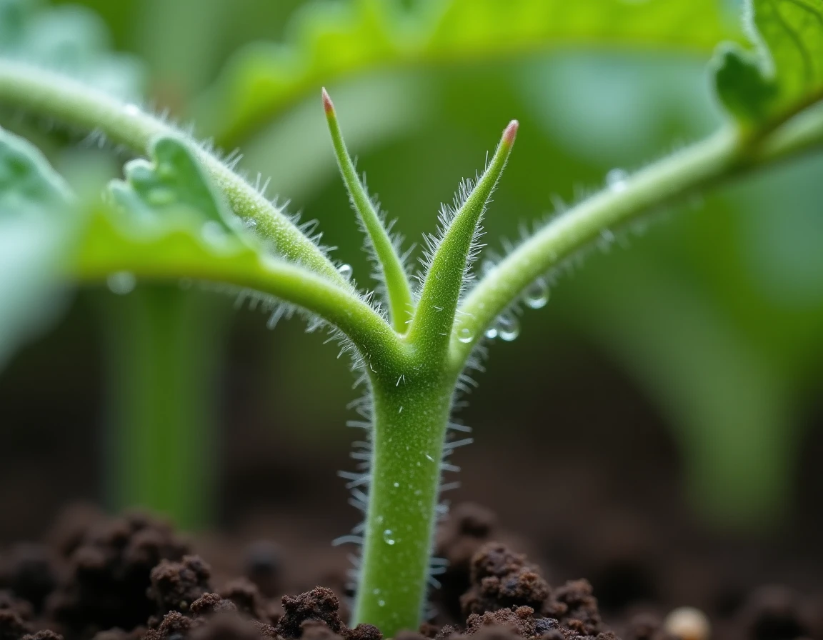 Gros plan sur un gourmand de tomate à supprimer dans l'aisselle d'une feuille, plante sans tuteur au potager