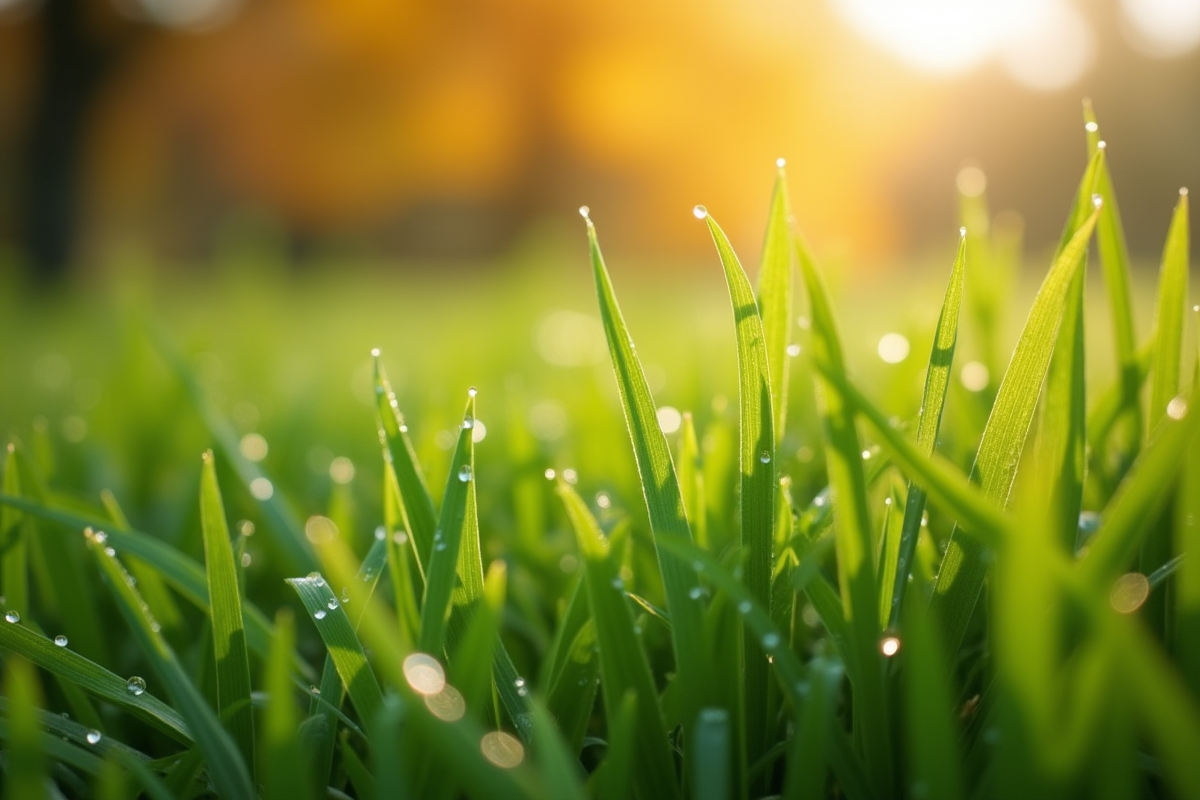 Gouttes de rosée sur herbe verte en automne