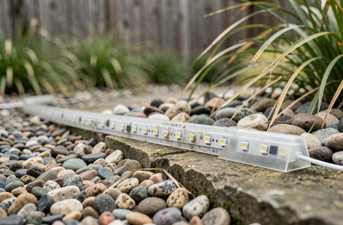 Gros plan sur une bande LED solaire étanche fixée le long d'un chemin de jardin en gravier