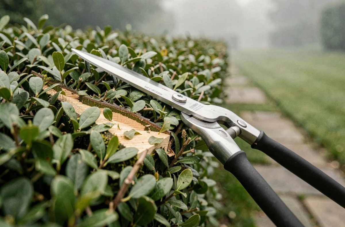 Gros plan sur une haie de troène fraîchement taillée avec des bords nets et des cisailles de jardinier posées dessus