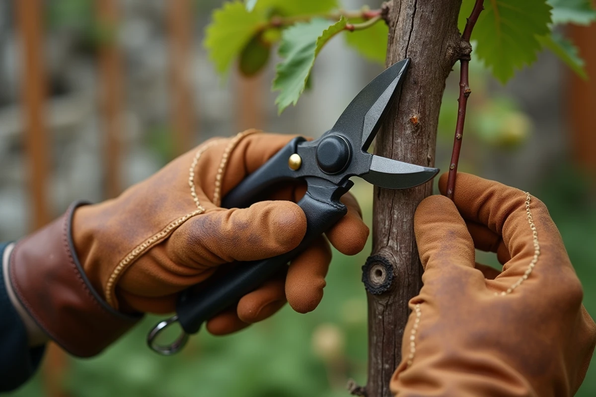 Gros plan de mains gantées effectuant une coupe nette au-dessus d'un bourgeon lors de la taille de la vigne