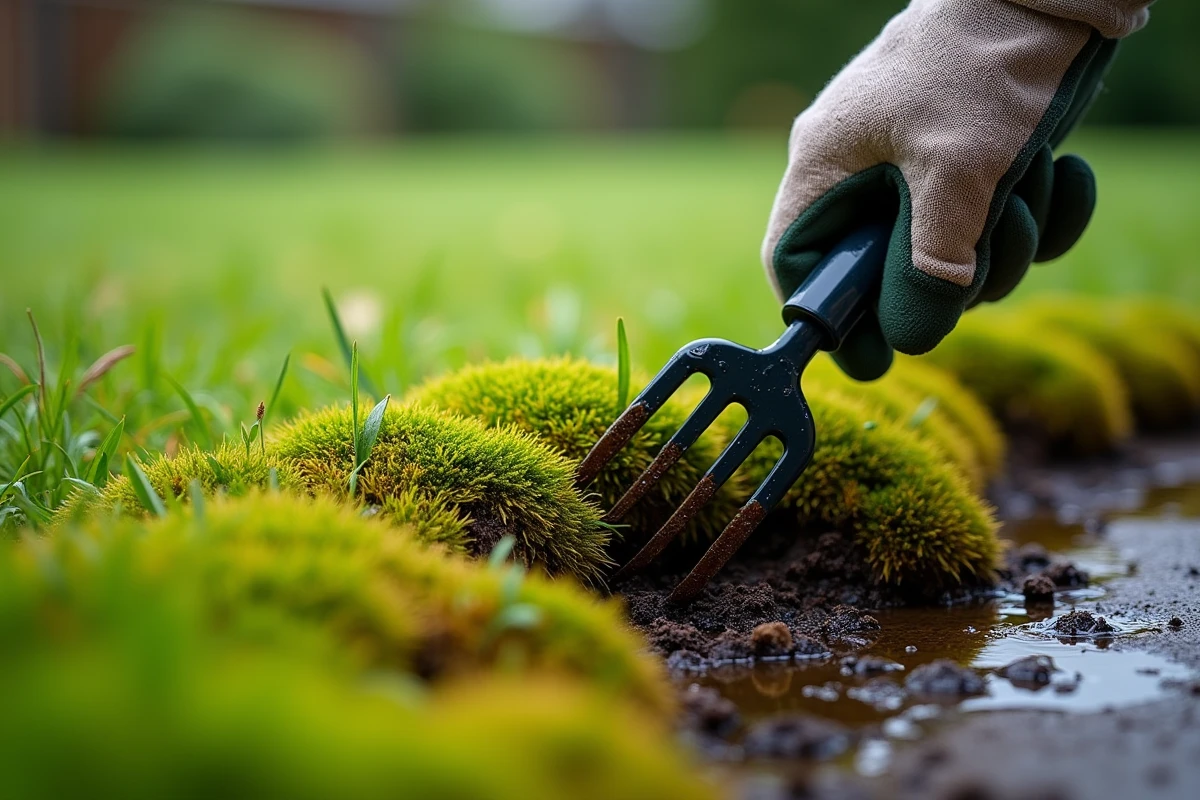 Gros plan sur une pelouse envahie de mousse humide avec un outil de jardinage soulevant une motte de mousse verte
