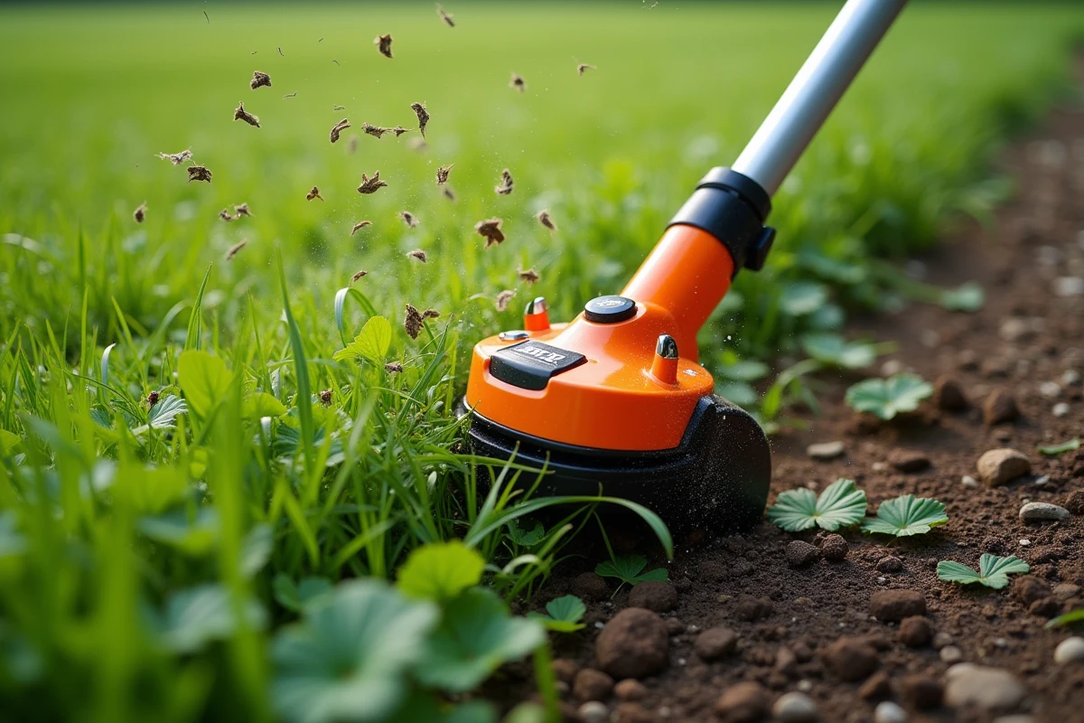 Gros plan sur la tête d'un rotofil à batterie coupant des herbes et mauvaises herbes dans un jardin