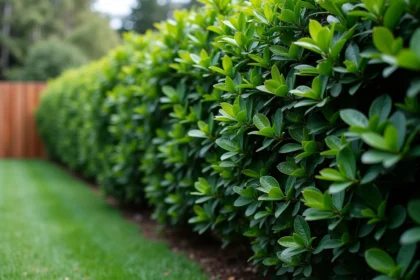 Haie de pittosporum kohuhu mature plantée en rangée continue dans un jardin résidentiel