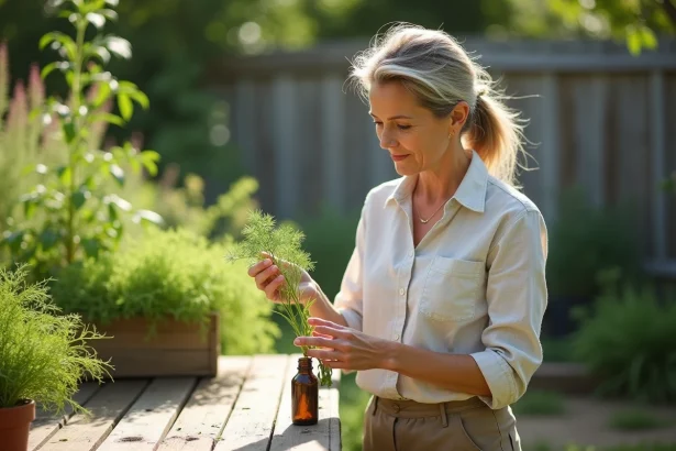 Herboriste examinant une branche de dill dans un jardin en plein air