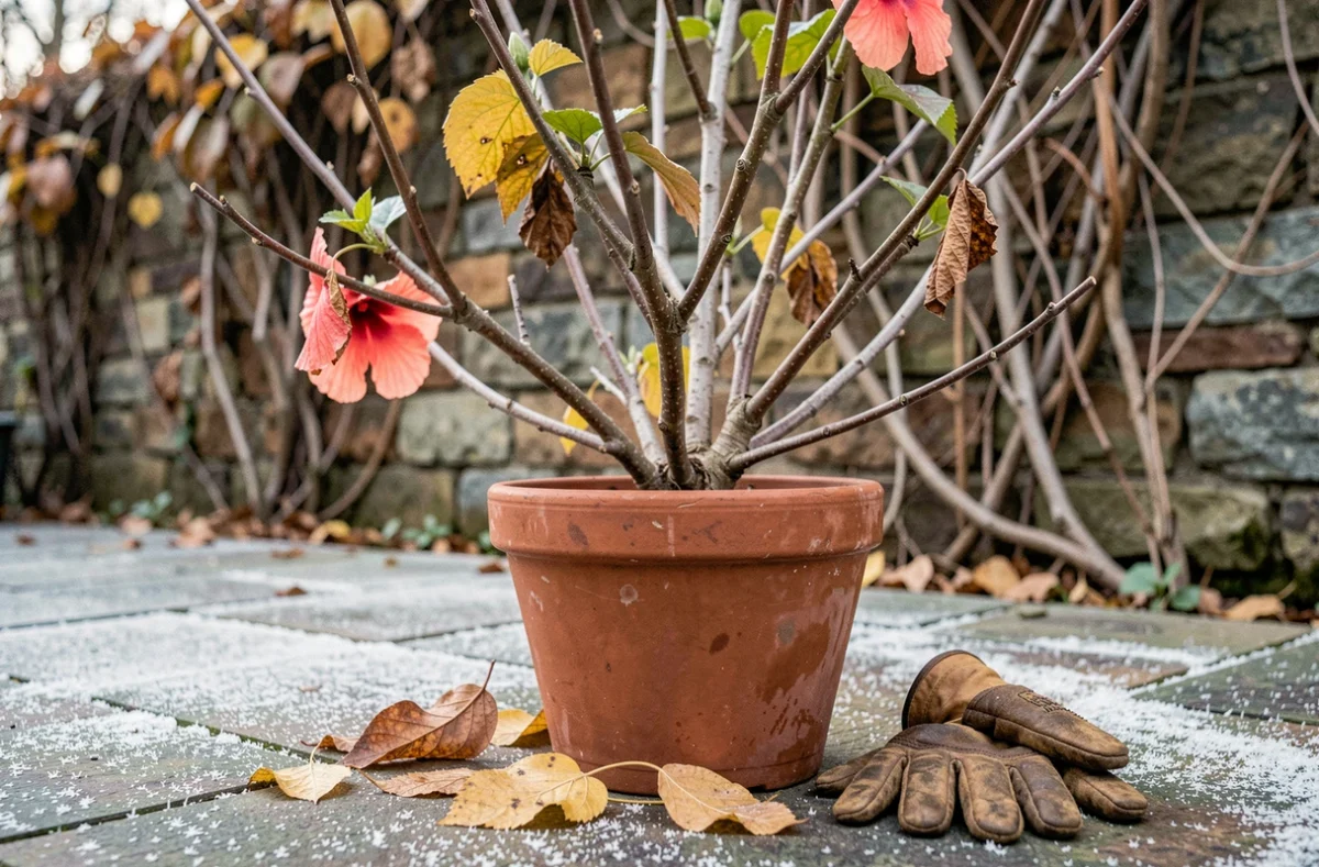 Hibiscus en pot sur une terrasse en pierre en automne avec des feuilles tombées et des gants de jardinage posés à côté