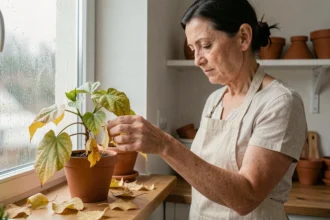 Femme examinant un hibiscus en pot dont les feuilles jaunissent et tombent sur le rebord d'une fenêtre en hiver
