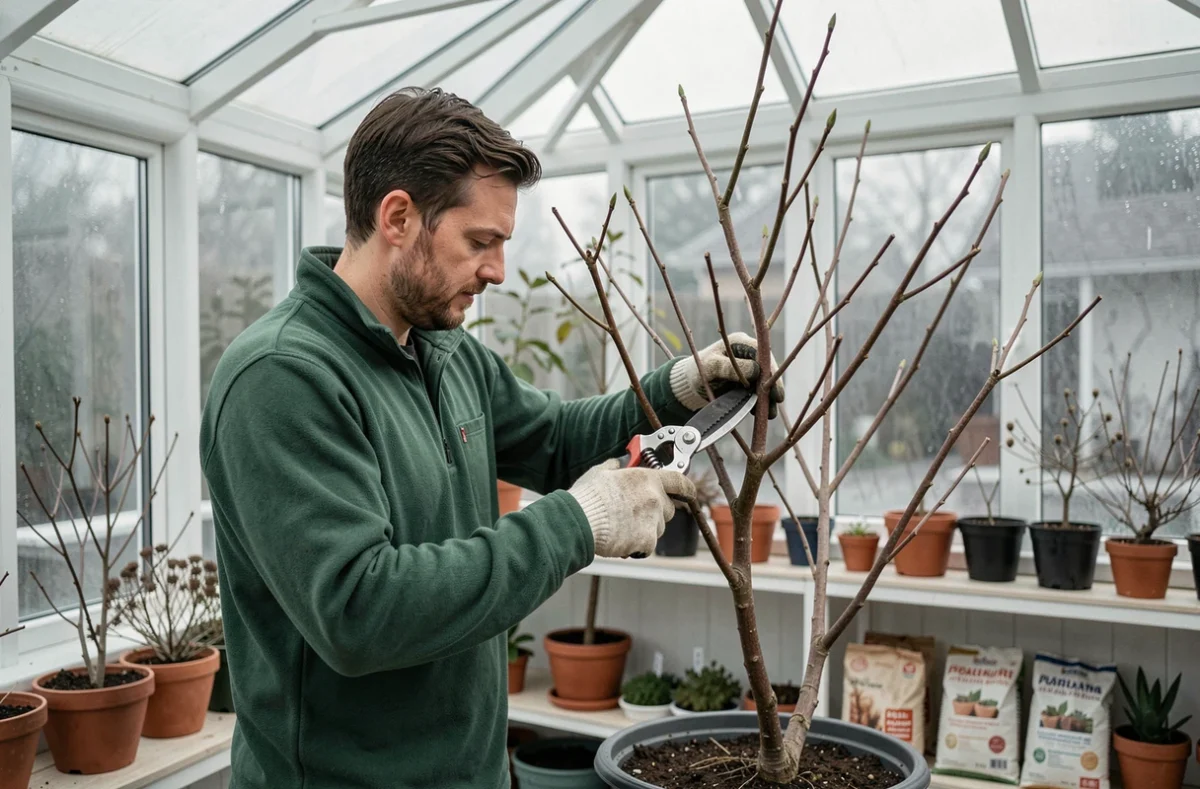 Homme taillant les branches d'un hibiscus en pot dans une véranda en hiver pour favoriser sa reprise