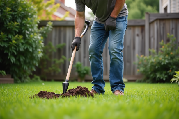 Homme en jeans utilisant un aérateur de sol dans le jardin