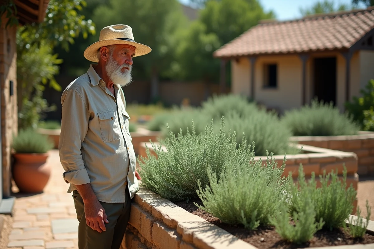 Homme âgé observant un jardin de thym en potager rustique