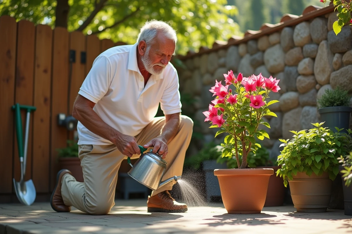 Homme âgé arrosant une bougainvillée dans le jardin ensoleillé