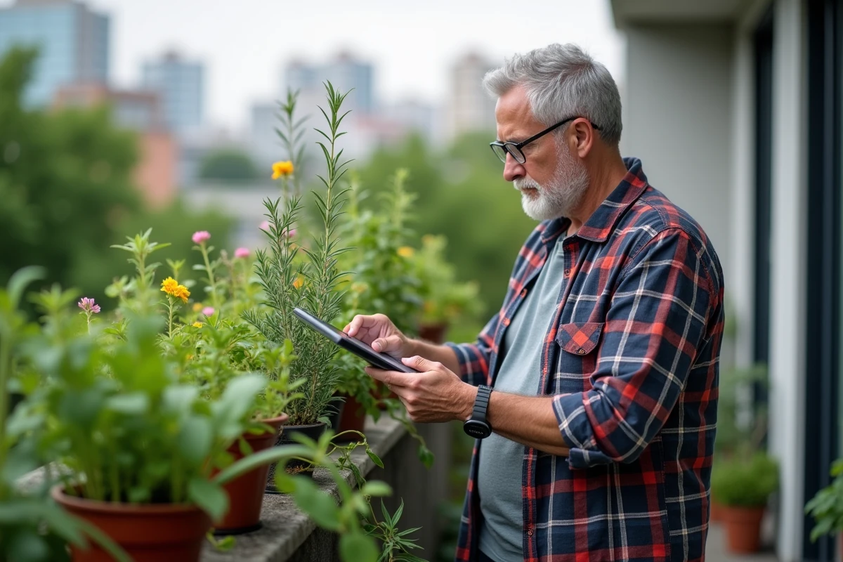 Homme regarde ses plantes aromatiques sur le balcon