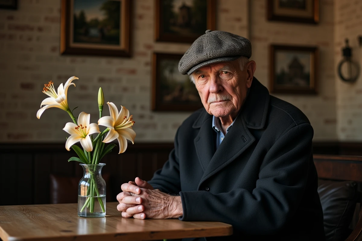 Homme âgé dans un café avec fleurs de lys fanées