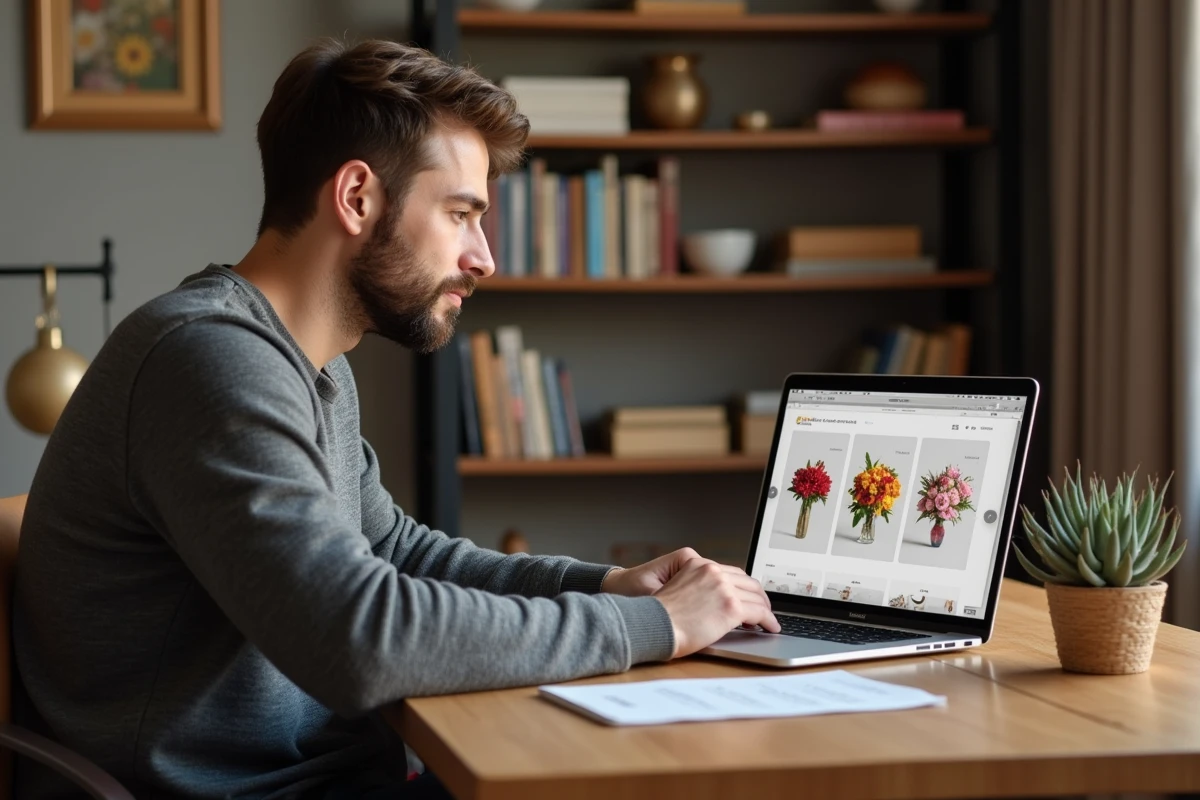 Homme comparant des bouquets en ligne sur le site Promesse de Fleurs depuis son bureau