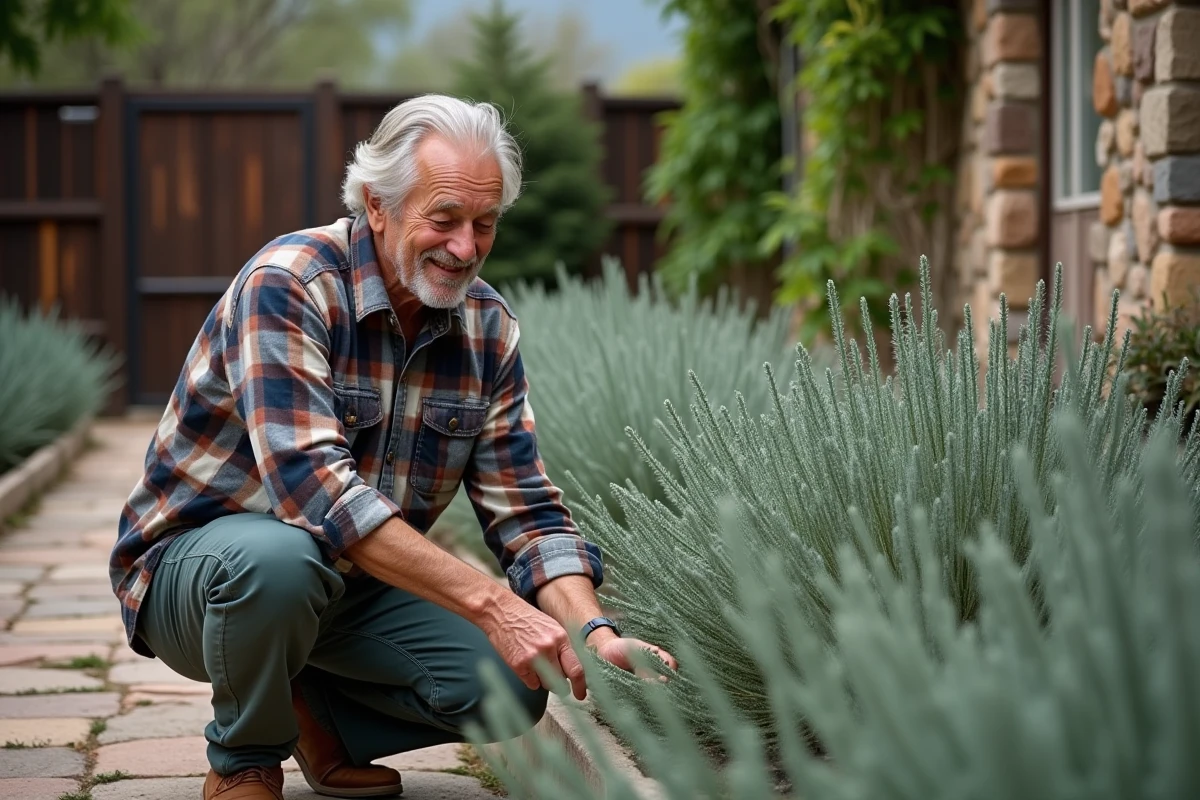 Homme âgé examinant la sauge après taille dans cour rustique