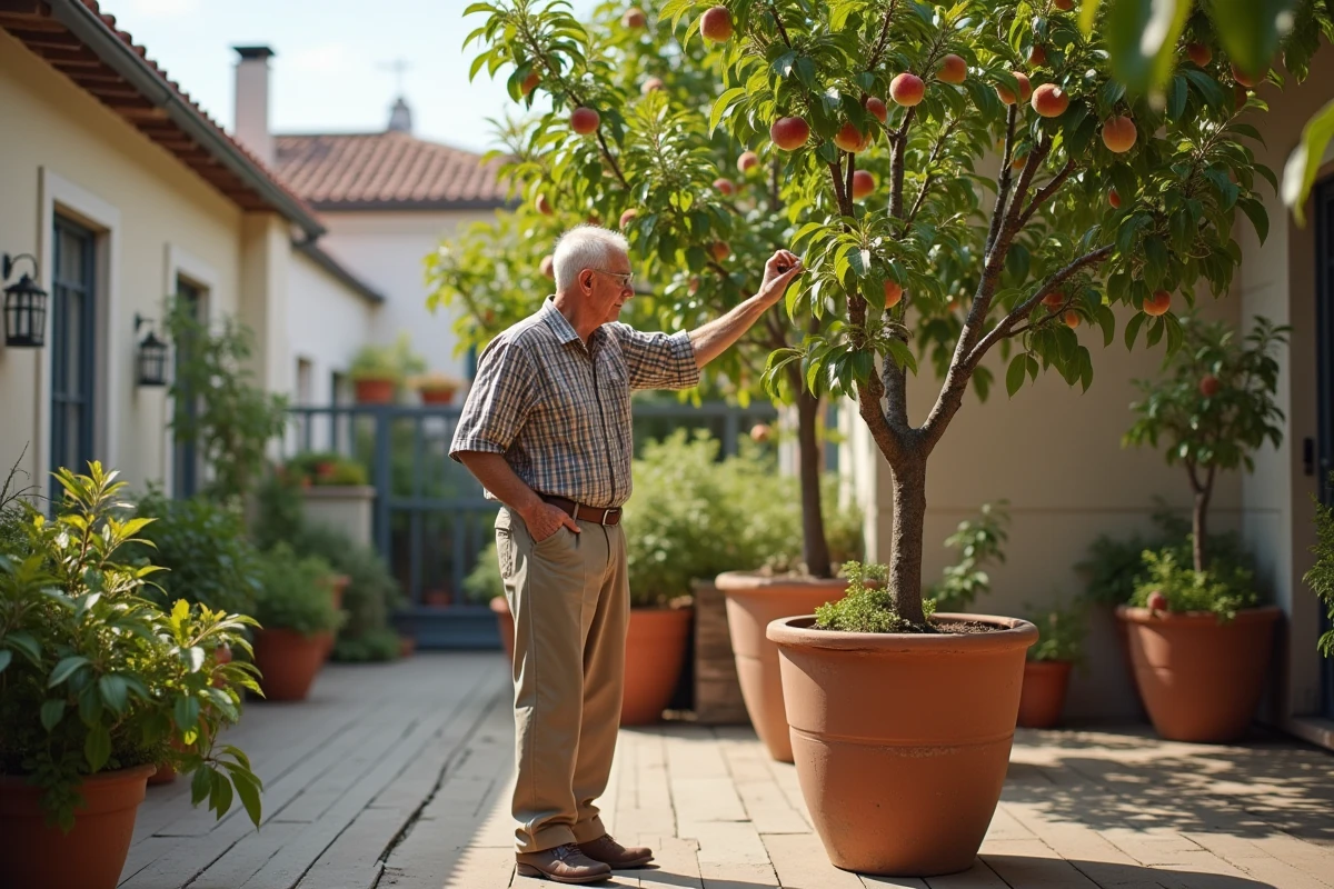 Homme âgé observant les branches d’un arbre à la peche sur terrasse