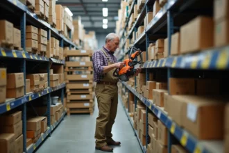 Homme d'âge moyen inspectant un brushcutter en magasin