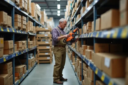 Homme d'âge moyen inspectant un brushcutter en magasin