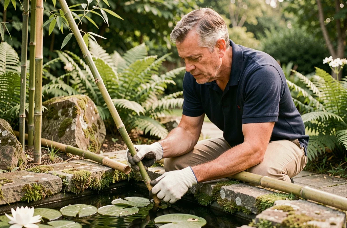 Homme inspectant des cannes de bambou au bord d'un bassin de jardin avec des plantes aquatiques