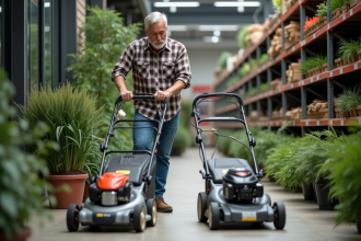 Homme d'âge moyen compare deux tondeuses électriques dans un magasin de jardin