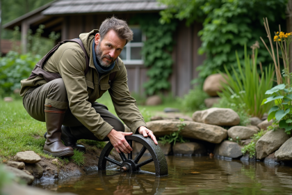 Homme d'âge moyen ajustant une roue à eau dans un jardin