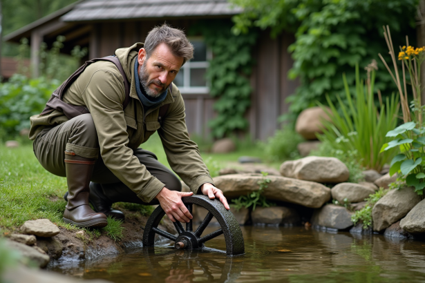 Homme d'âge moyen ajustant une roue à eau dans un jardin