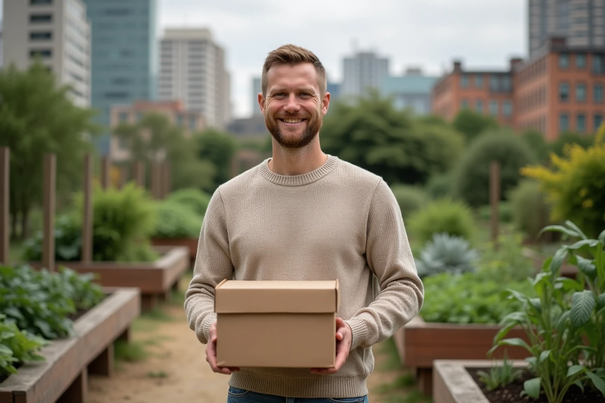 Homme dans un jardin urbain tenant une box zéro déchet
