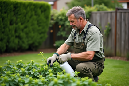 Homme en vêtements de jardinage appliquant un herbicide aux orties