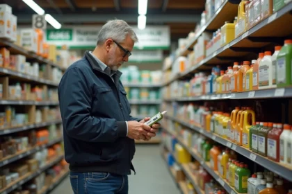 Homme d'âge moyen examinant un produit agricole en magasin