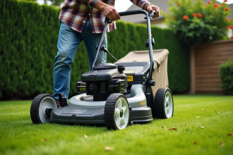 Homme d'âge moyen poussant une tondeuse moderne dans un jardin verdoyant