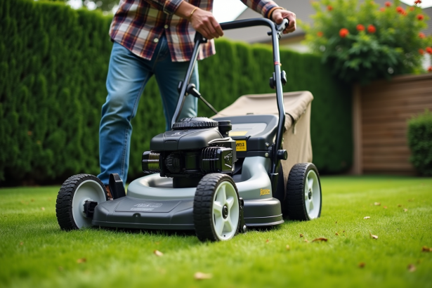 Homme d'âge moyen poussant une tondeuse moderne dans un jardin verdoyant