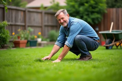 Homme d'âge moyen en tenue de jardinage dans la pelouse