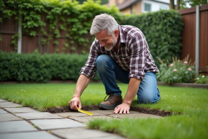 Homme mesurant un jardin pour une cabane de jardin
