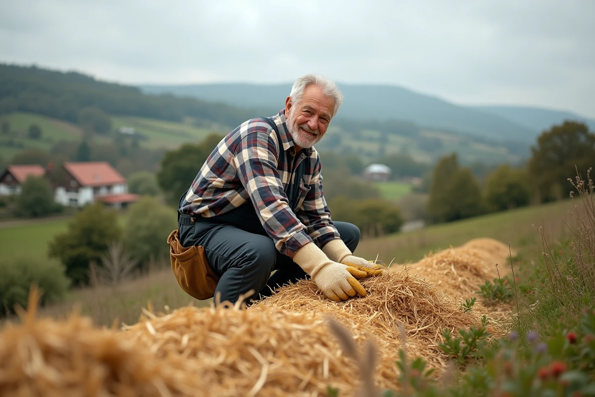 Homme âgé étalant de la paille sur une pente en plein air