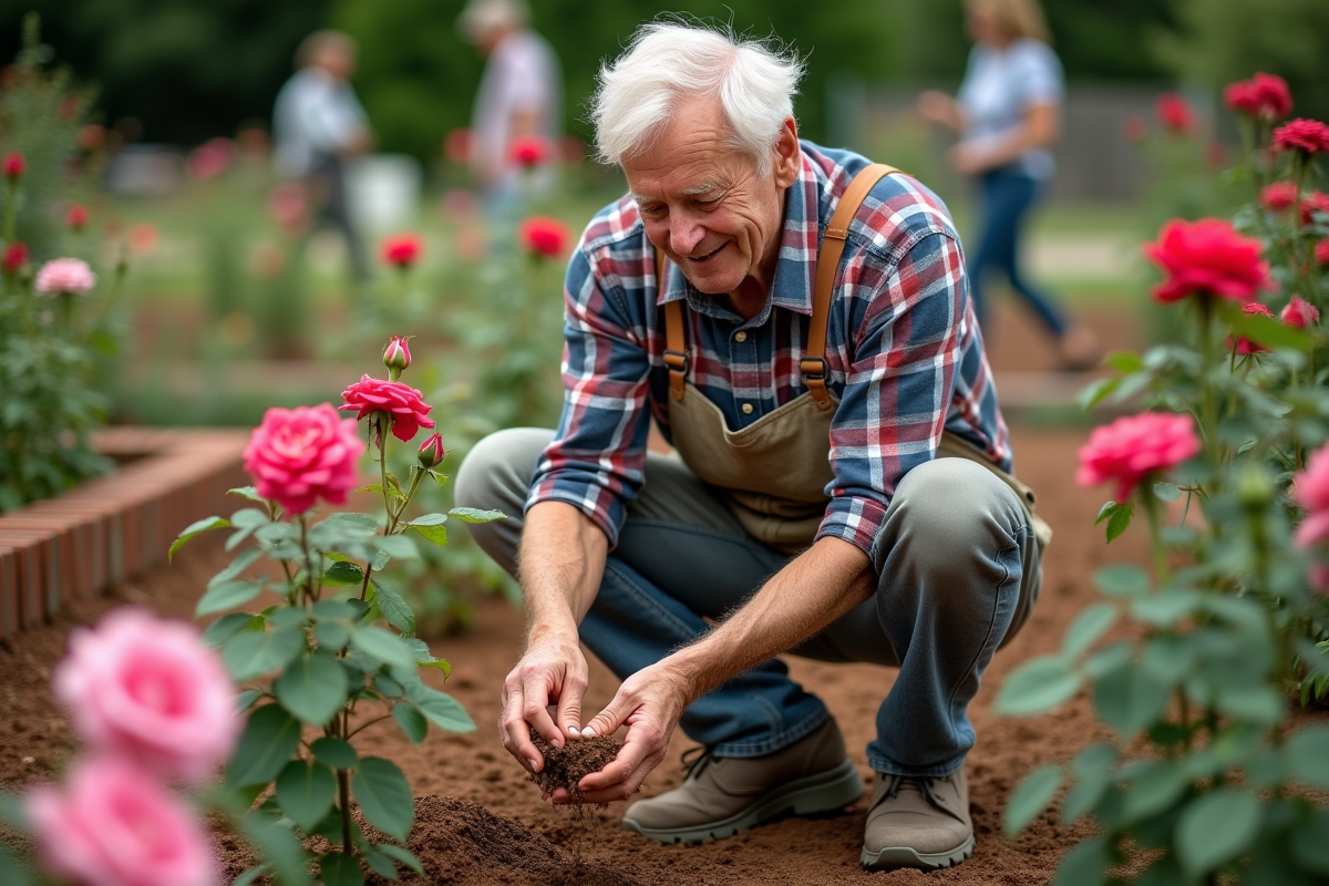 Homme âgé mulchant autour des rosiers dans un jardin communautaire