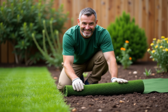 Homme en work pants pose un gazon dans un jardin