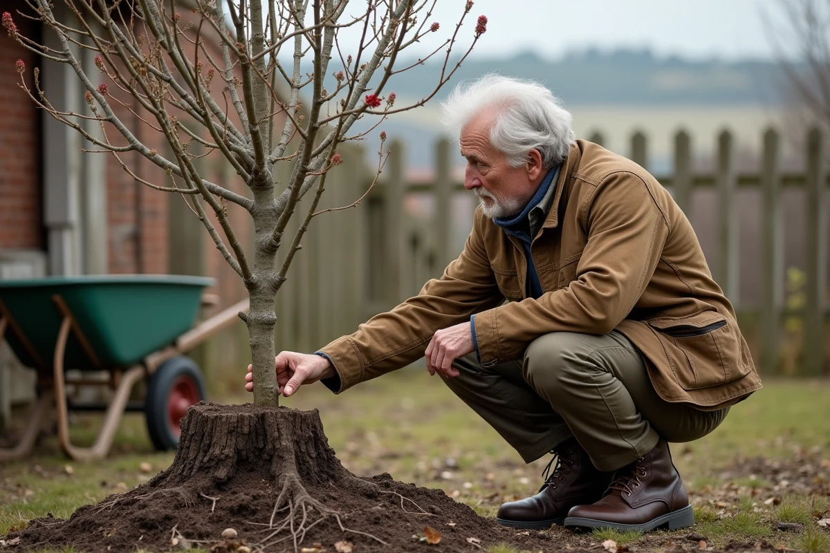 Homme âgé inspectant un mimosa après taille dans un jardin rural