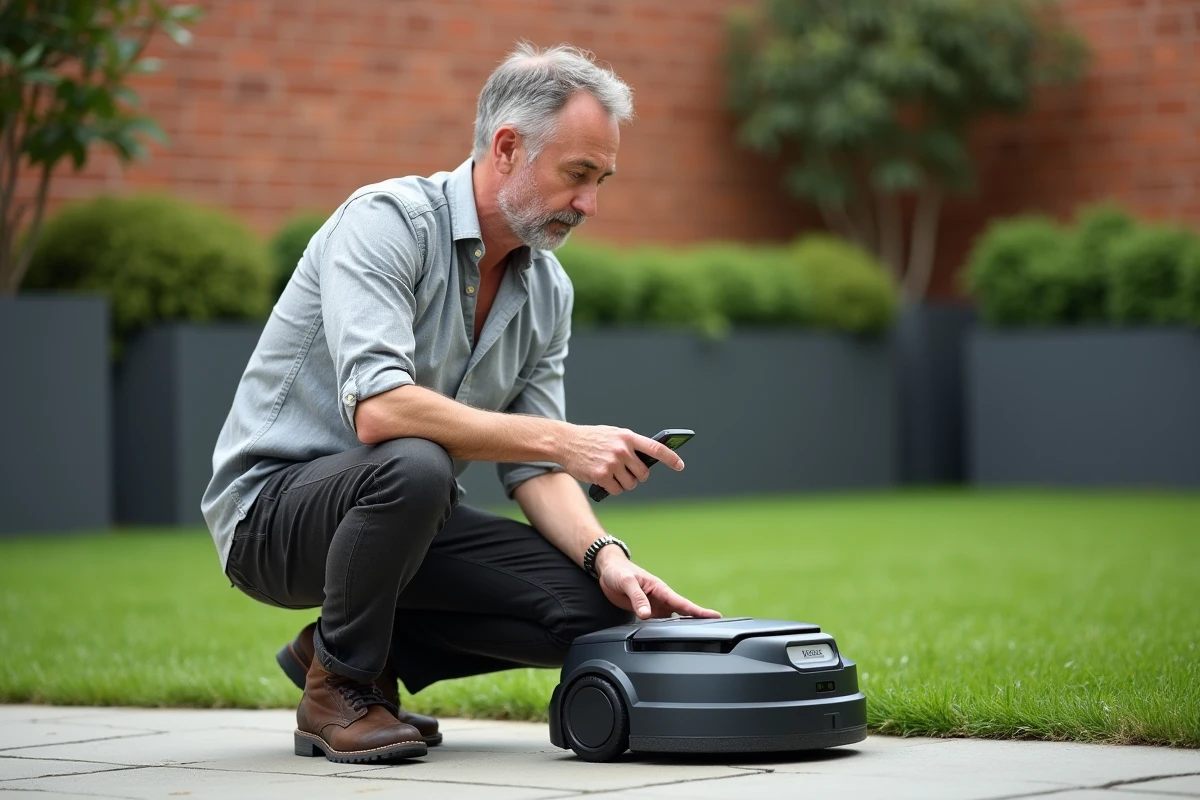 Homme examinant le panneau de contrôle d'un robot tondeuse Kress dans un petit jardin urbain avec bordures surélevées