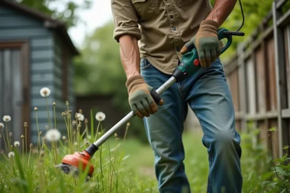 Homme utilisant un rotofil électrique pour couper des herbes hautes le long d'une clôture en bois dans un jardin suburban