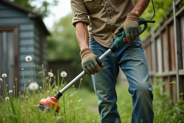 Homme utilisant un rotofil électrique pour couper des herbes hautes le long d'une clôture en bois dans un jardin suburban