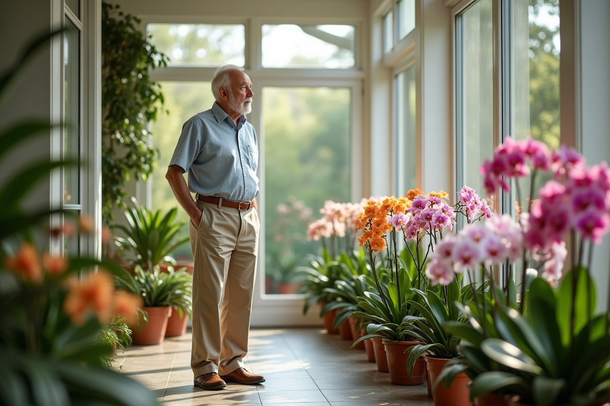 Homme senior contemplant des fleurs dans une serre lumineuse