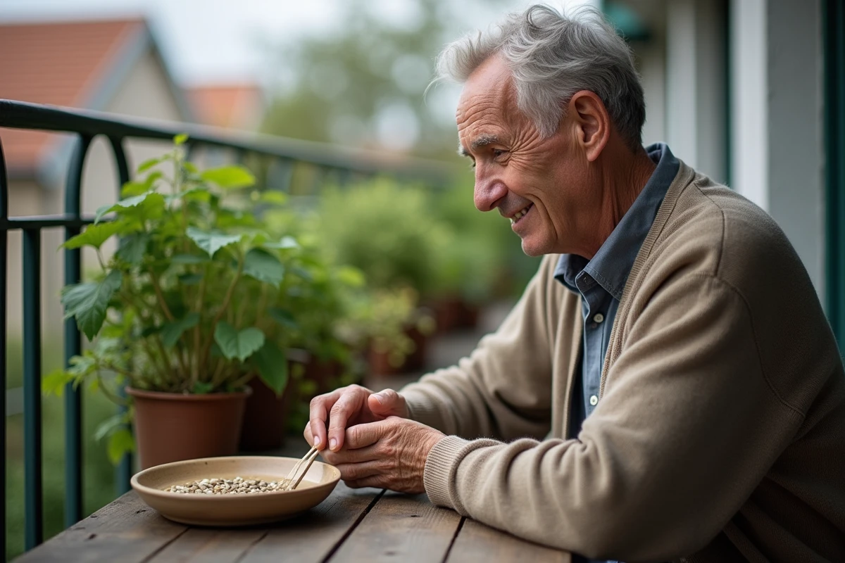 Homme âgé examinant des graines trempées sur son balcon