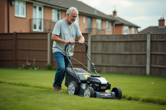 Homme d'âge moyen poussant une tondeuse dans un jardin