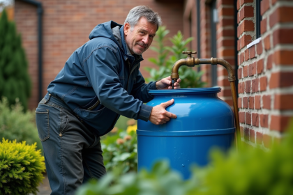 Homme vérifiant le niveau d'eau dans un baril de pluie bleu
