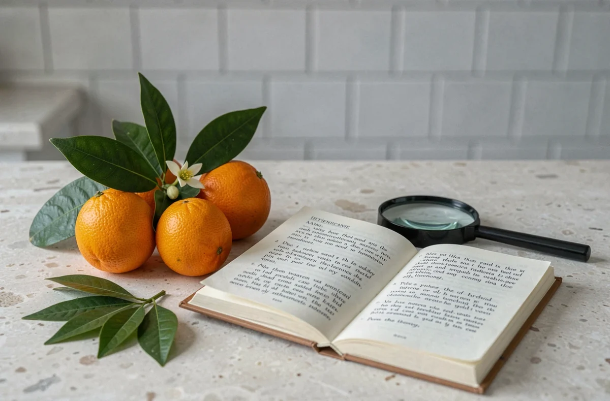 Comparaison botanique des fruits de l'oranger du Mexique avec un guide d'identification et une loupe sur un plan de travail