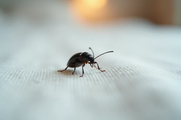 Gros plan macro d'un minuscule insecte noir sur un drap de lit blanc en coton