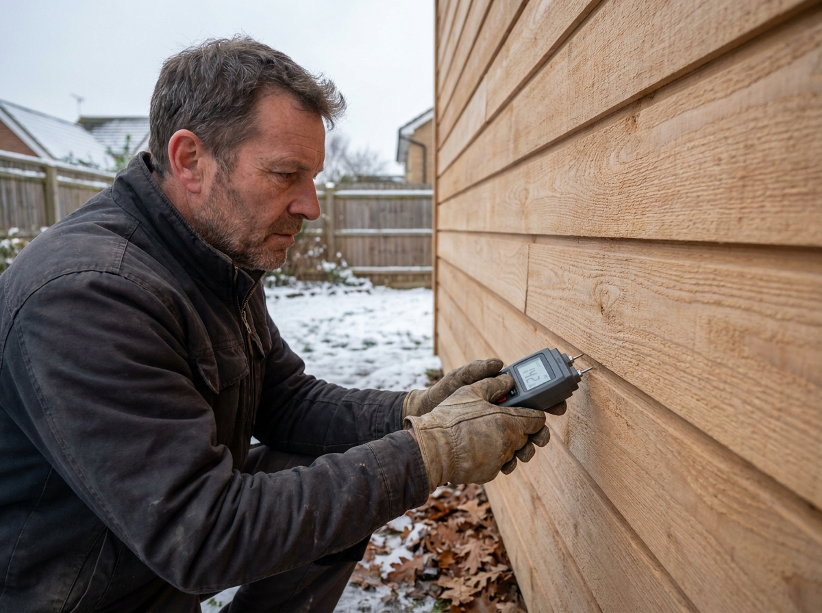 Artisan inspectant l'humidité d'un bardage en bois après les premières gelées hivernales avec un hygromètre